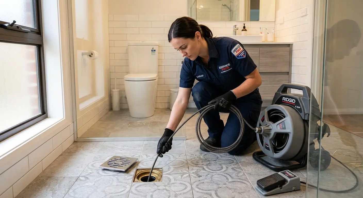 Technician clearing a bathroom floor drain for Drain Repair in Royal Oak